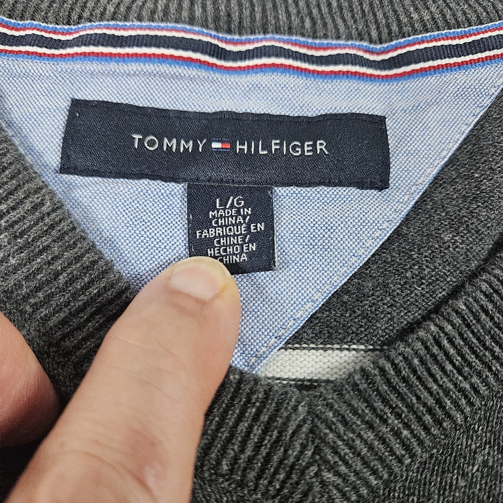 Tommy Hilfiger Men's Gray Cotton V Neck Striped Sweater Long Sleeve Size Large - Picture 13 of 15